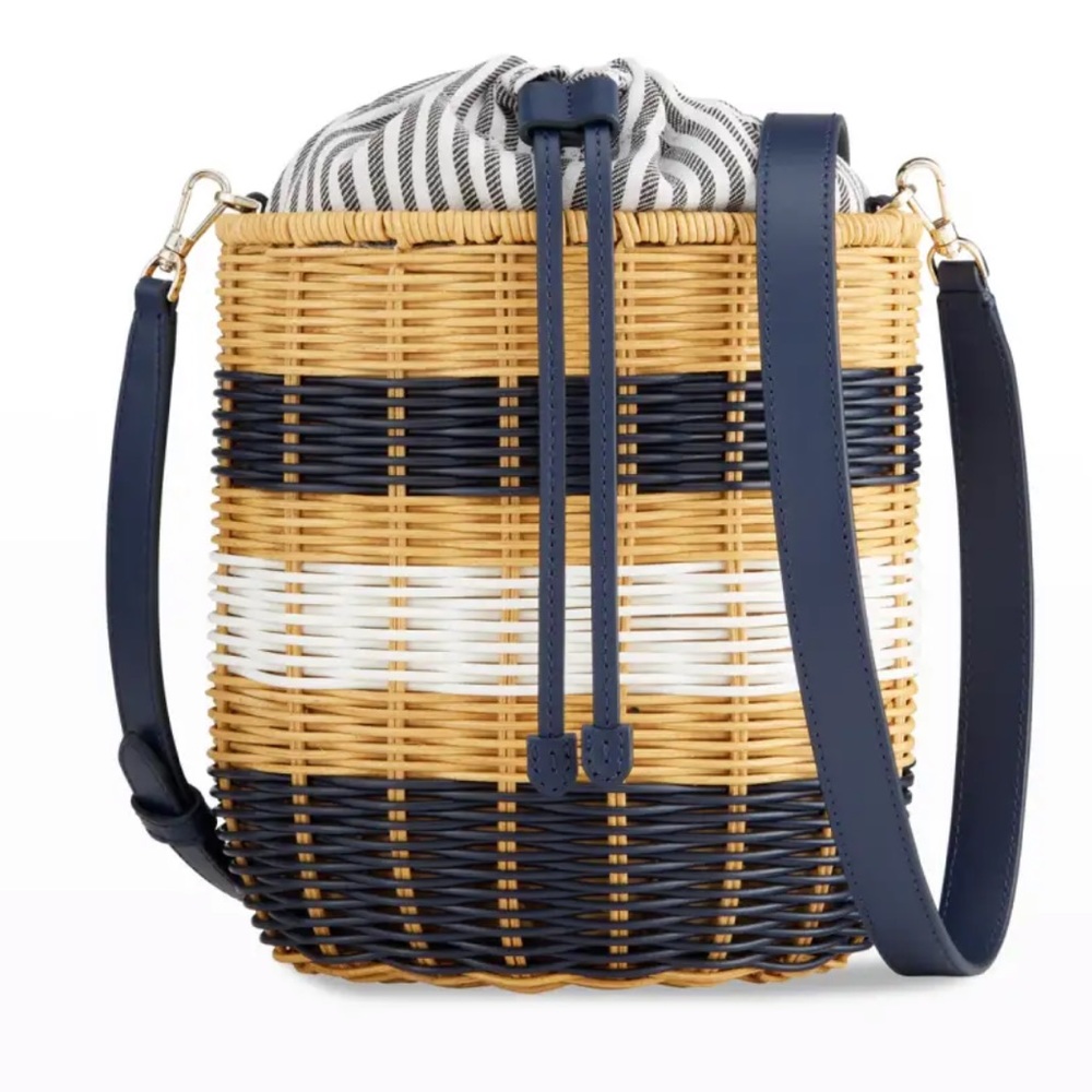 Kate Spade Medium Bucket Bag Buoy Wicker Blue Mult - Picture 1 of 16